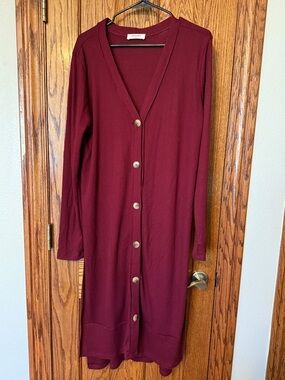 Zenana Long Ribbed Button-Front Dress in Burgundy